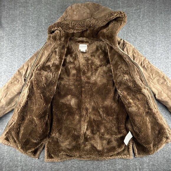St Johns Bay Washable Suede Coat Womens Sz S 100% Leather Faux Fur Lined Hooded - Picture 3 of 10